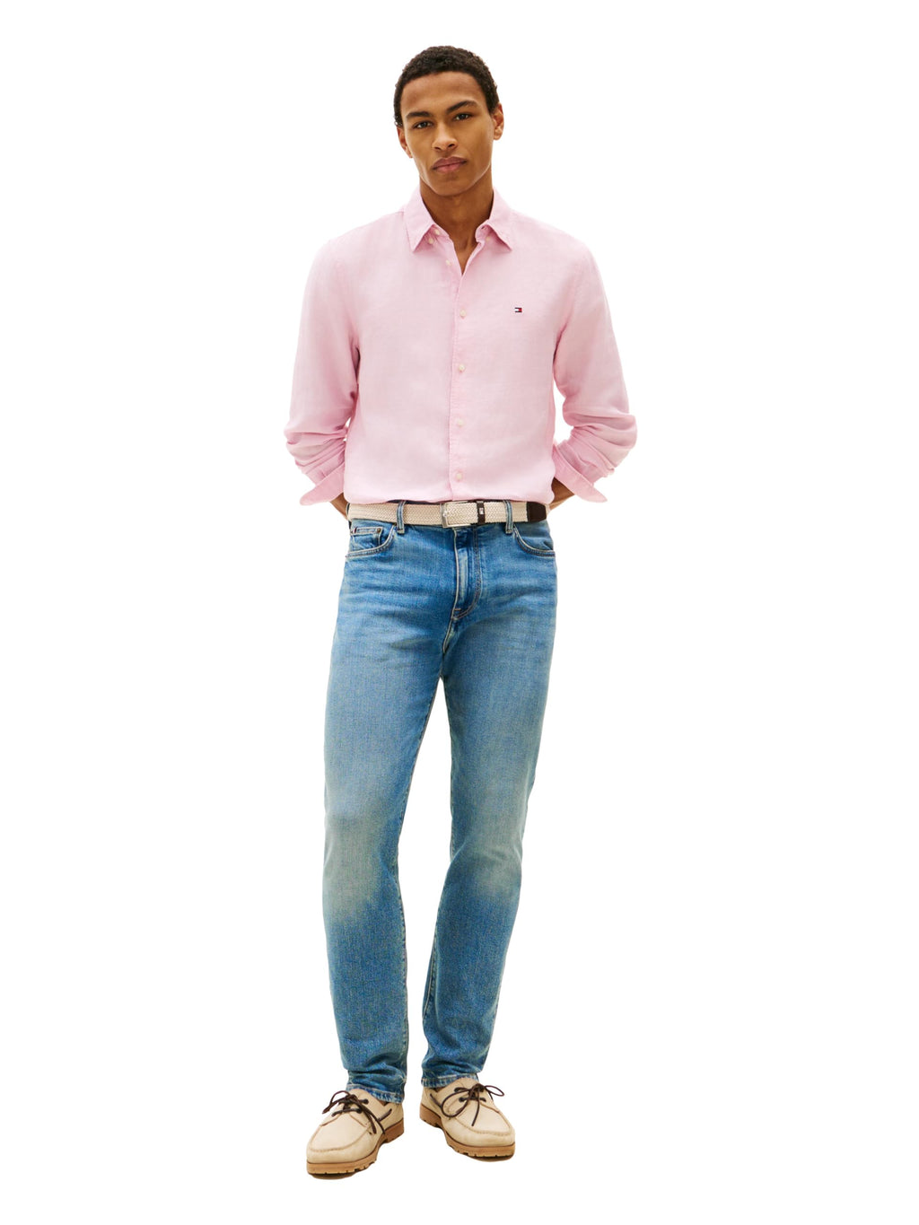 Long Sleeve Linen Button-Down Shirt – Light Pink L