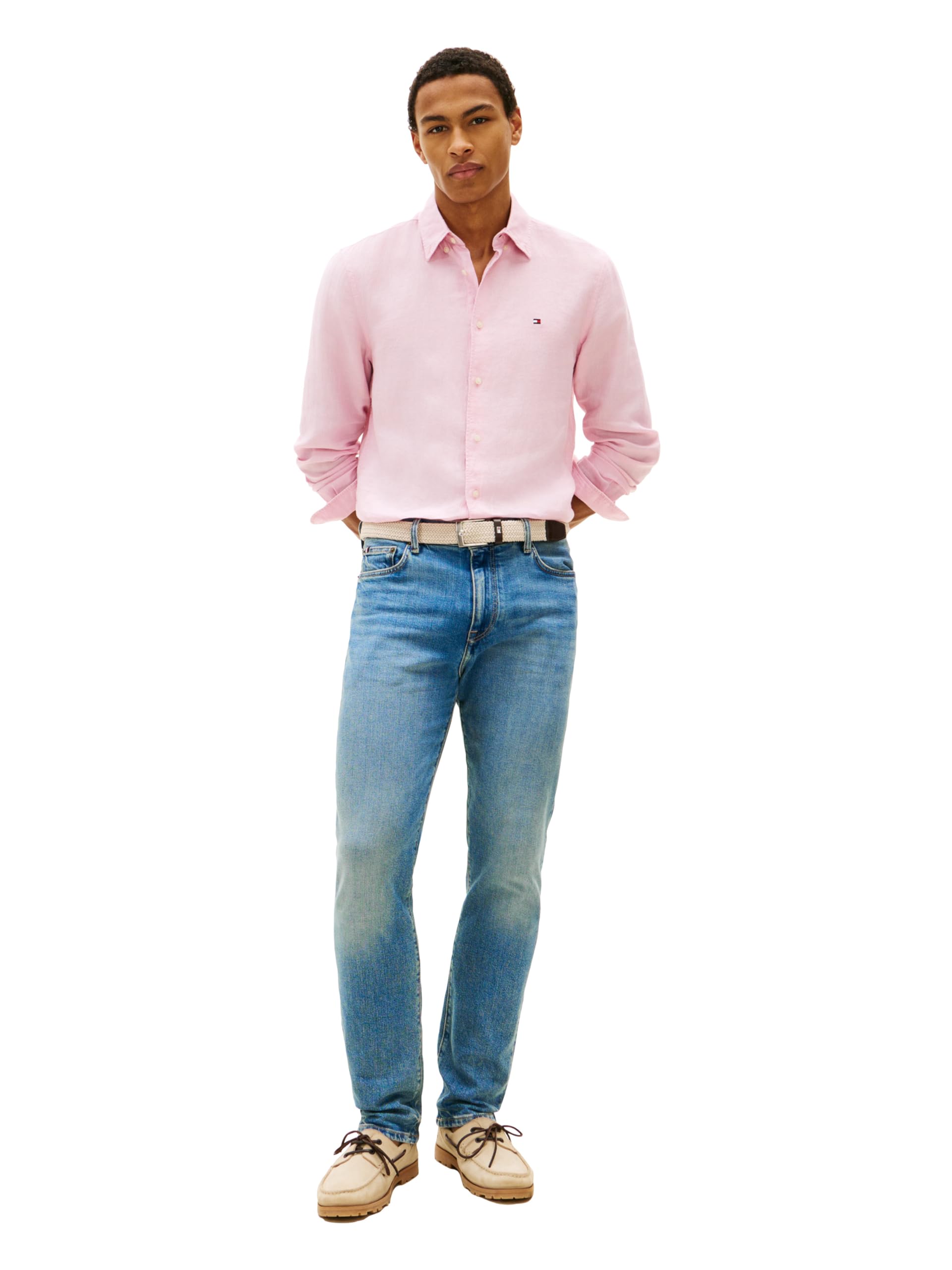 Long Sleeve Linen Button-Down Shirt – Light Pink L